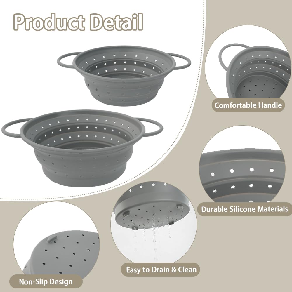 CEYAZYE 3 Pack Collapsible Colander Set, 11&13 Silicone Strainer for Kitchen, Space-Saving Heat-Resistant Fast Draining Basket with Non-Slip Base & Handles, Food Strainer for Pasta, Fruit, Vegetables