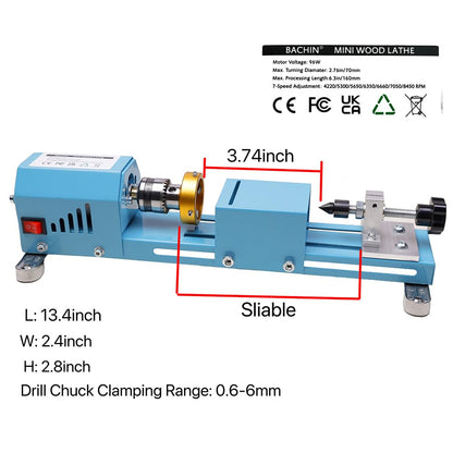BACHIN Mini Lathe Wood Lathe Machine Multi-Purpose Type Lathe with Wood Lathe Milling Accessories, for Wood Polishing, Grinding, Cutting and Milling ，2.76 in x 6.3 in, 24VDC 96W，7 Speeds