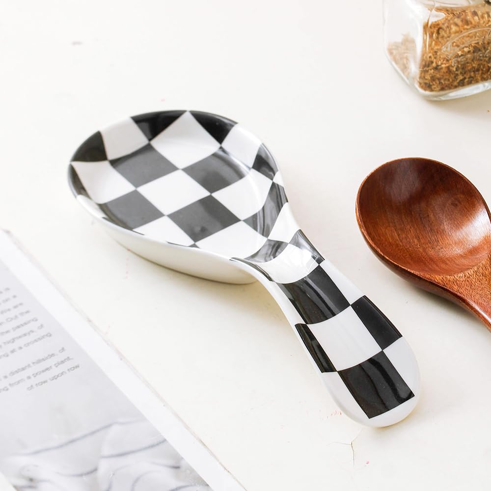 YOSCO Ceramic Spoon Rest for Stove Top, Checkered Spoon Holder Utensil Rest, Cute Spoon Rests for Coffee Bar Kitchen Decor Cooking Gift for Housewarming (Black)