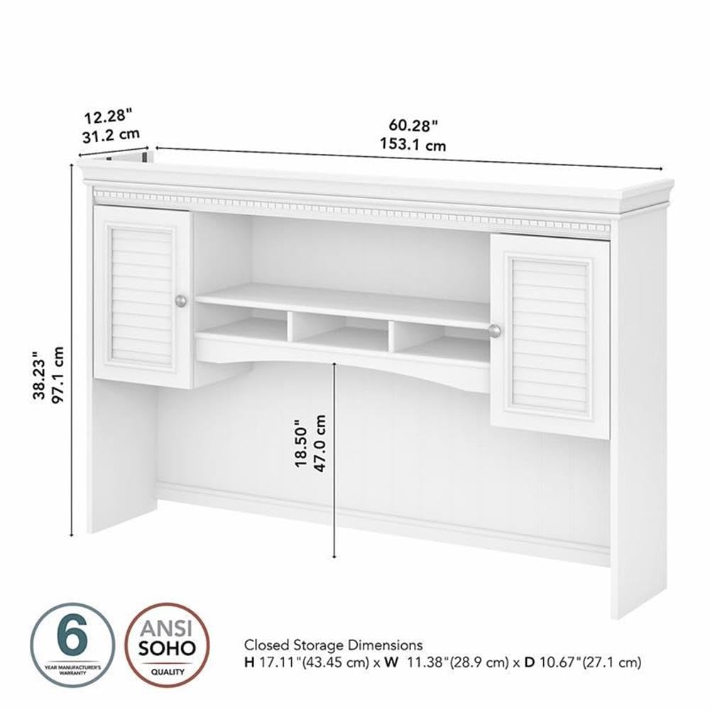 Bush Home Fairview 60W Hutch for L Shaped Desk in Pure White and Shiplap Gray