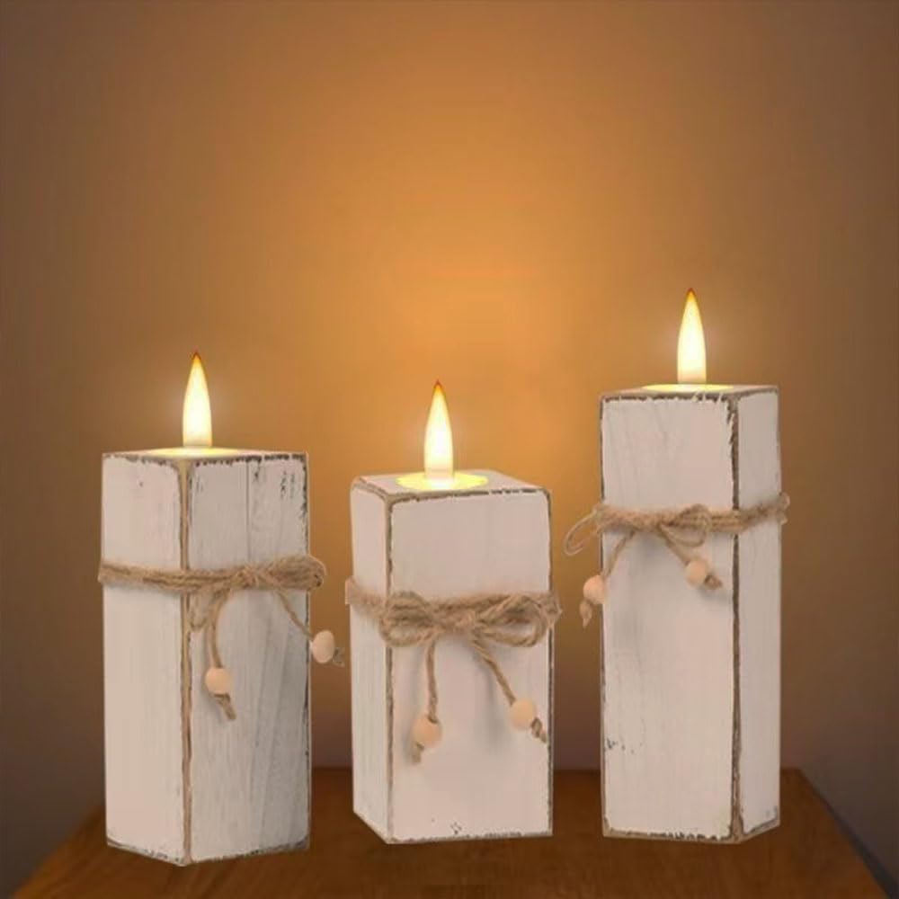 3 Piece Rustic Whitewashed Wooden Candle Holder Set Farmhouse Decor for Table Centerpiece Wedding Home Accent