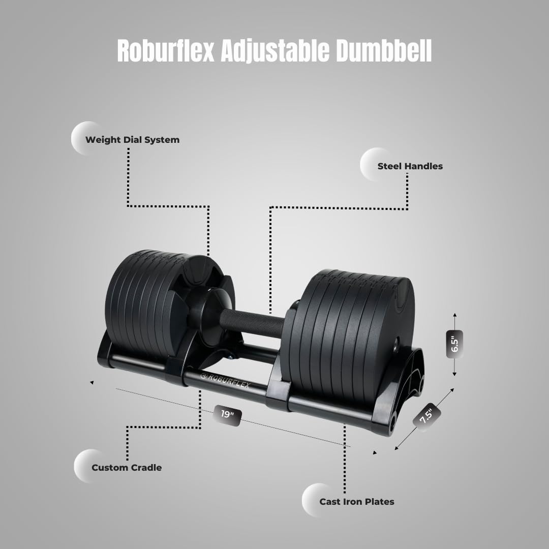 ROBURFLEX Adjustable Dumbbell (Single) 5-40/80lb, 5lb Increments, for Home Gym Fitness - Upto 20 weight settings (BLACK - 80LB)