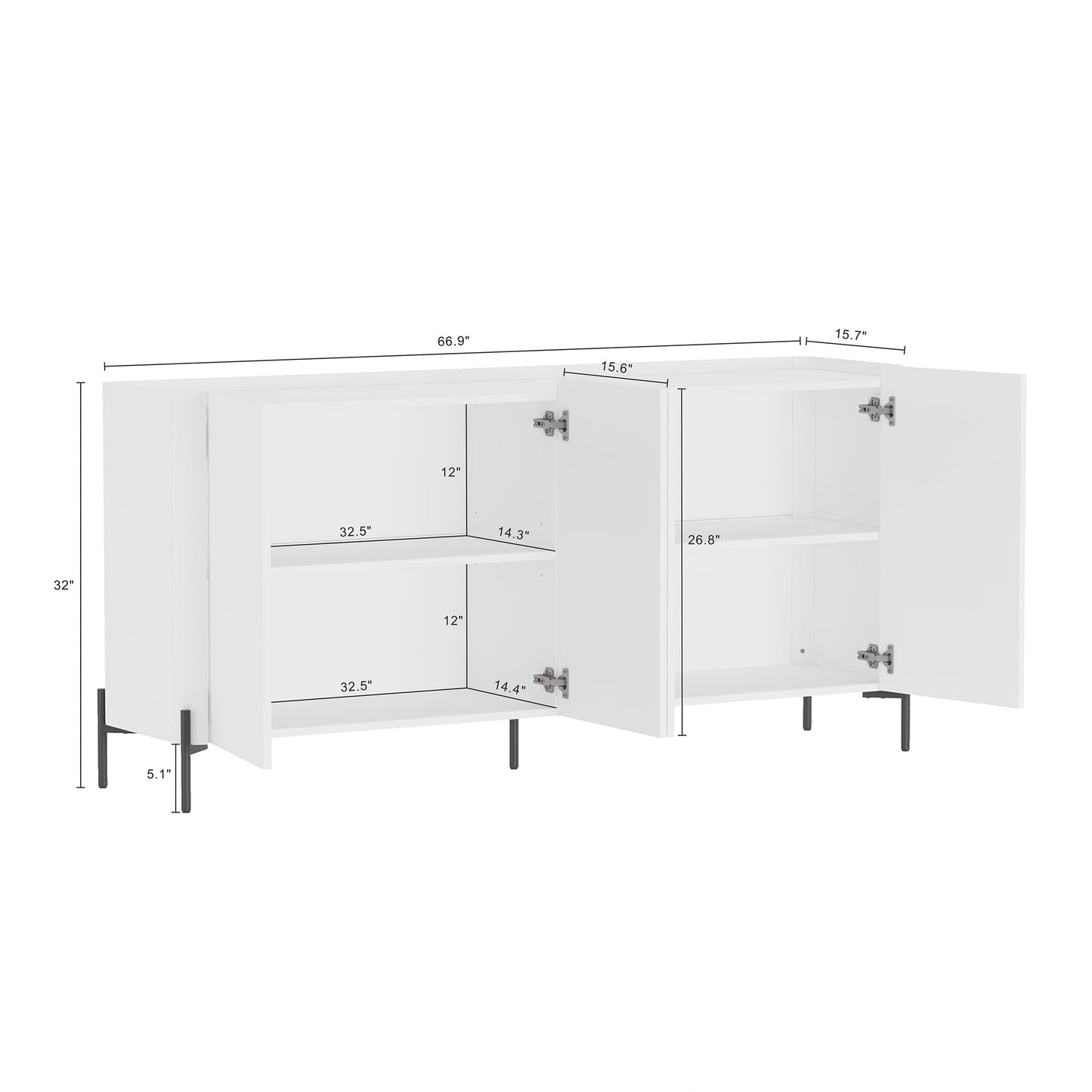 Manhattan Comfort Abbey 67" Sideboard Cabinet, Modern Console Table with Storage, Adjustable Shelves, Kitchen Buffet, Soft Close Doors, Handle-Free Design, Elevated Metal Legs, White