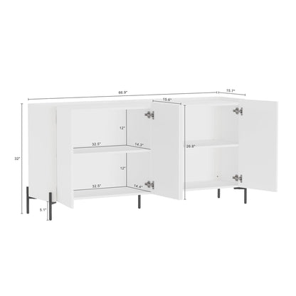Manhattan Comfort Abbey 67" Sideboard Cabinet, Modern Console Table with Storage, Adjustable Shelves, Kitchen Buffet, Soft Close Doors, Handle-Free Design, Elevated Metal Legs, White