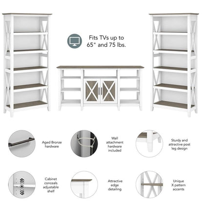Bush Furniture Key West Tall TV Stand with Set of 2 Bookcases, Farmhouse Entertainment Center for 65 Inch Television, 17D x 60W x 66H, Pure White and Shiplap Gray