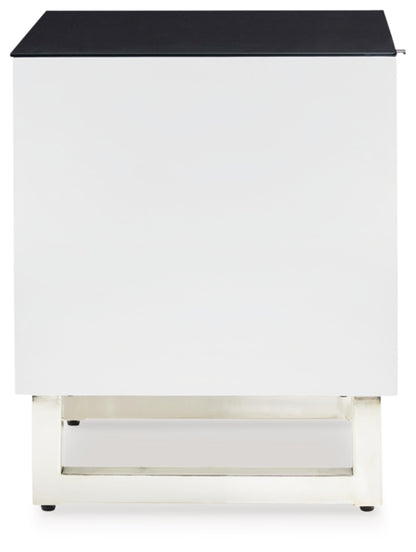 Signature Design by Ashley Gardoni Modern Glass-Tabletop End Table with 1 Drawer, Open Shelf, and High Gloss Finish, White & Black