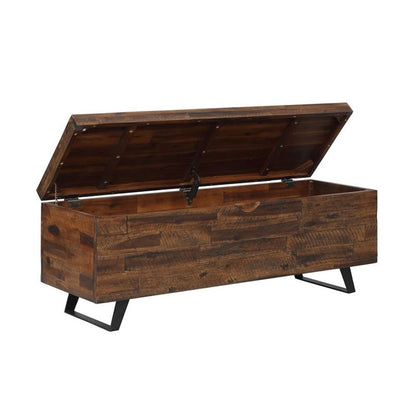 MAKLAINE Broadmore Rectangular Acacia Wood Storage Trunk, 46 in Top, Brown Finish, Black Metal Legs, Hinged Lid, Versatile Coffee Table or Entryway Storage for Living Room or Bedroom