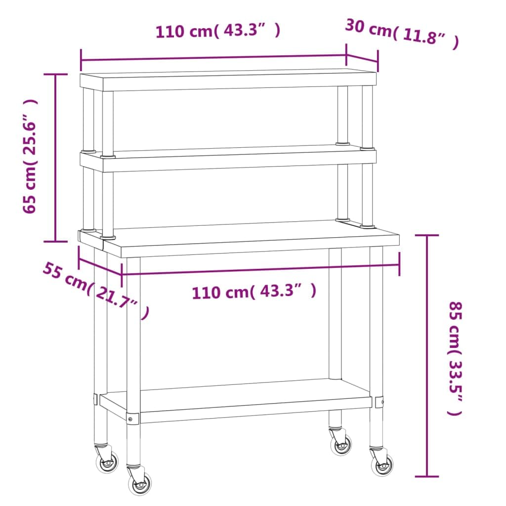 Stainless Steel Kitchen Prep Work Table with Overshelf, Rolling Food Preparation Station with 2-Tier Storage Shelf, Mobile Commercial Utility Cart for Restaurant Catering 43.3x21.7x59.1 Inches