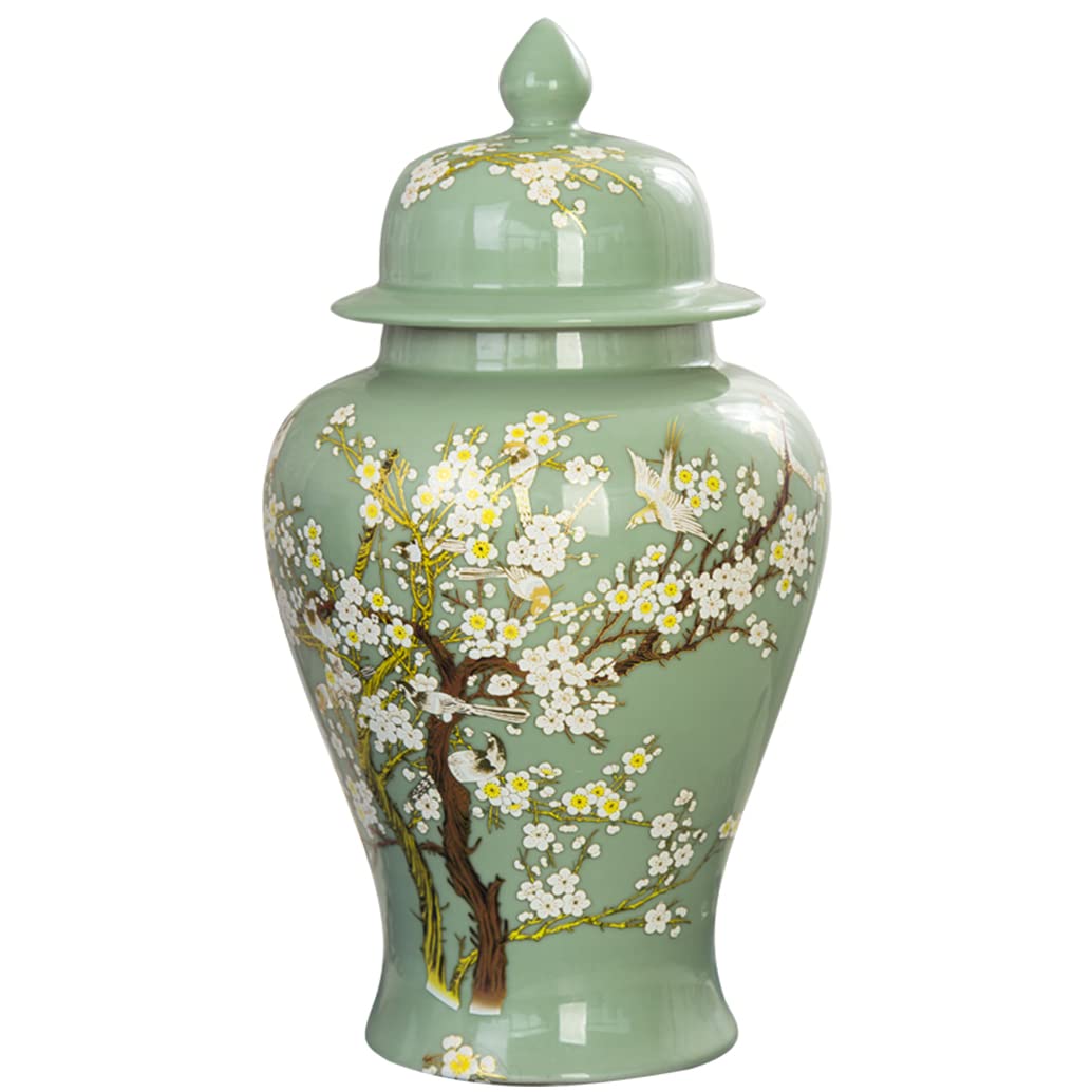 EliteBloom Green Ceramic Ginger Jar With Lid For Home Decor,Traditional Chinese Trees And Flowers Temple Jar, Jingdezhen Handcrafted Porcelain Vase Centerpiece Decor M (Green L) (Green L)