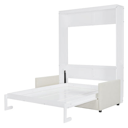 Ball & Cast Murphy Bed Full Size W/ 2 Seat Sofa,Murphy Bed Cabinet W/Cushion,Hideaway Bed W/Support Leg & Handles,for Bedroom Office Guest Room,White