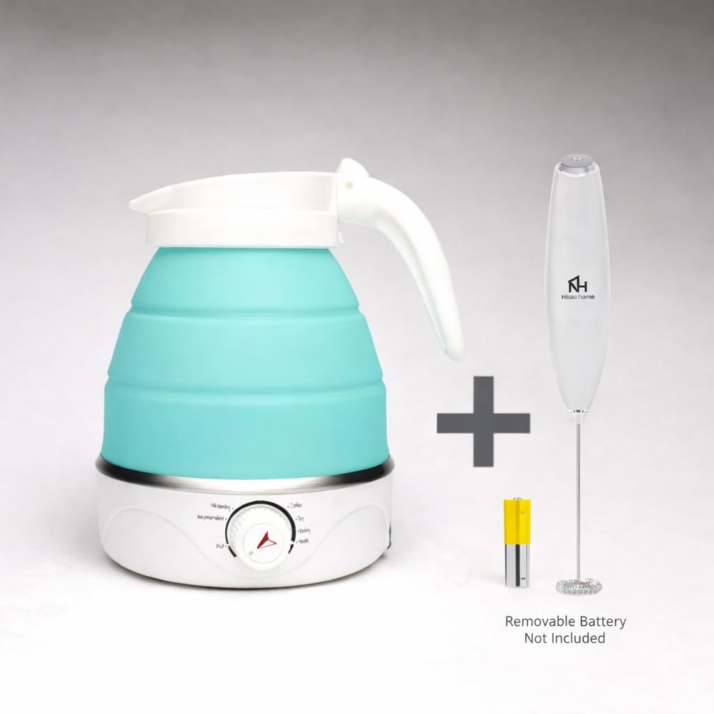 Nikao Home Foldable Electric Kettle With Milk Frother and Foldable Cup – Travel kettle, Portable Tea Kettle for Travel, Mini Collapsible Water Warmer, Compact Design and Quick Heating. (Aqua Blue)