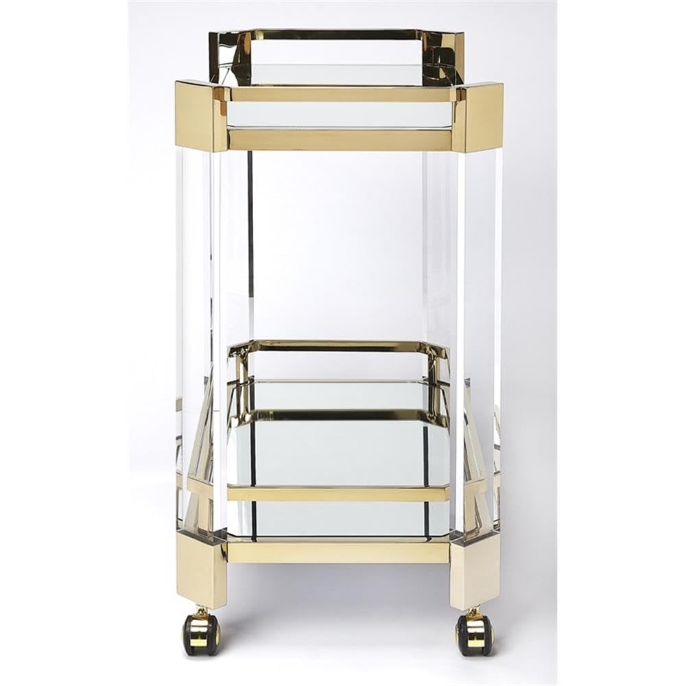 Beaumont Lane Acrylic Serving Cart, 32"W x 17"D x 31.5"H, Clear Glass and Mirror Glass Shelves, High Polished Gold Stainless Steel Frame, Modern Design with Casters for Bar, Kitchen, or Dining Room