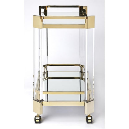 Beaumont Lane Acrylic Serving Cart, 32"W x 17"D x 31.5"H, Clear Glass and Mirror Glass Shelves, High Polished Gold Stainless Steel Frame, Modern Design with Casters for Bar, Kitchen, or Dining Room