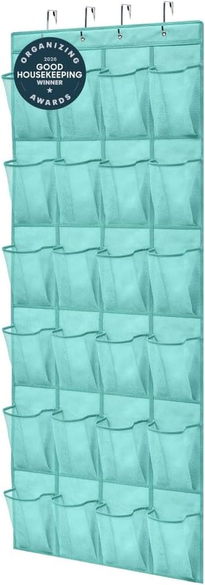 GORILLA GRIP Over The Door Shoe Organizer - 24 Large Breathable Mesh Pockets | Space-Saving Storage in Turquoise