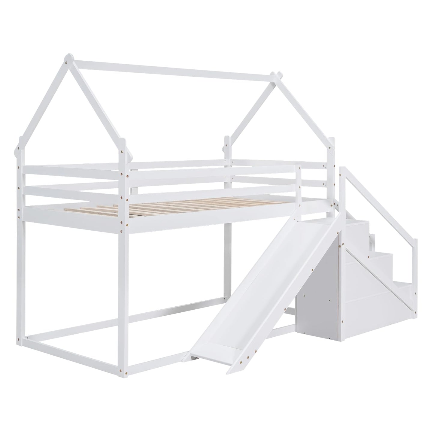 Merax Twin Over Twin Bunk Bed with Full-Length Guardrails for Teens, Boys, Girls, Wooden House Bed Frame & Slide and Storage Stairs for Children's Room, Bedroom, No Box Spring Needed, White
