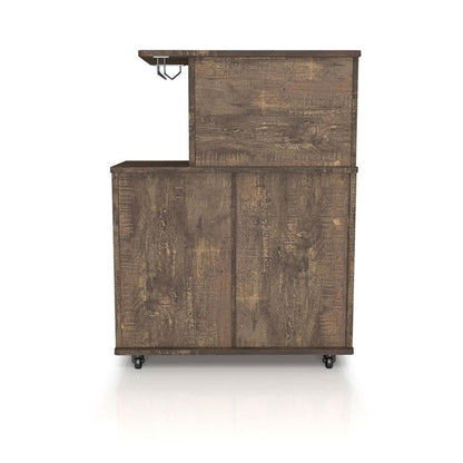 BOWERY HILL 4-Shelf Transitional Wood Mini Bar, Reclaimed Oak Finish, MDF and Particle Board, 15.7" W x 31.5" D x 41.3" H, Mobile Caster Wheels, Built-in Wine Bottle Slots, Glassware Rack, Adjustable