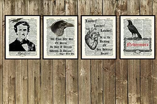 Set of 4 Edgar Allan Poe Art Print Posters - Raven and Tell Tale Heart on Ephemera Dictionary Page (8 x 10")