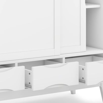 SIMPLIHOME Harper Medium Storage Cabinet - 48 inch Wide Solid Hardwood Sliding Door Cabinet in White, Mid-Century Modern Cupboard for Living Room or Entryway with 3 Drawers and Tapered Legs