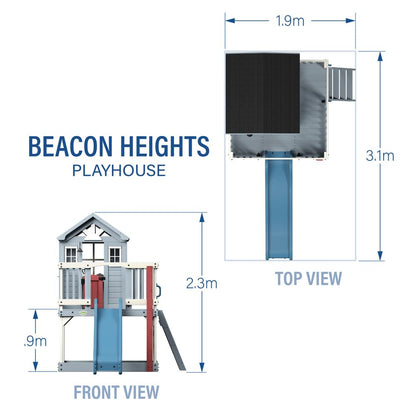 Backyard Discovery Beacon Heights Elevated Cedar Wooden Kids Playhouse with Wave Slide, Play Kitchen, Wrap-Around Deck, Flat-Step Ladder, Half Door, Windows, Bell, and Growth Chart for Outdoor Play