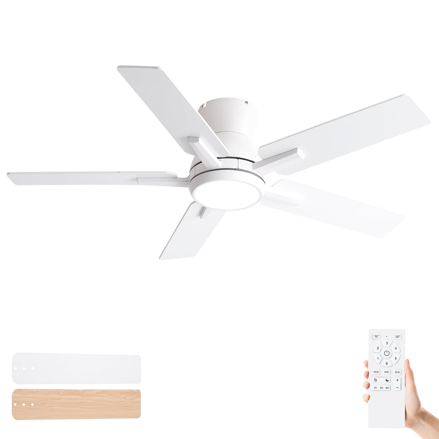 Sevenine 42'' White Flush Mount Ceiling Fan with Light & Remote, ETL Listed