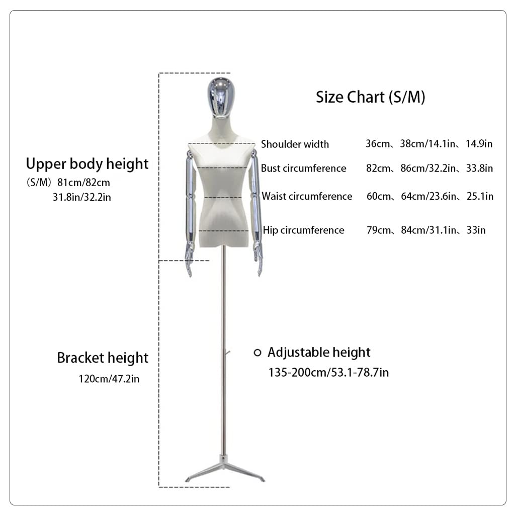 Adjustable Medium Dress Form Mannequin - Tripod Stand with Detachable Arms & Head for Fashion & Jewelry Display, Sewing, Electroplated Stylish Design