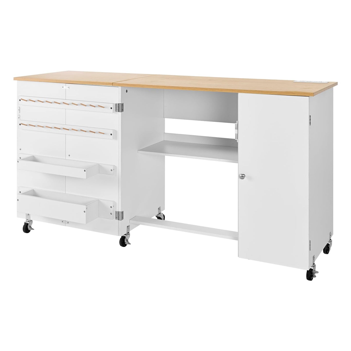 VEVOR Folding Sewing Table, Multipurpose Sewing Machine Table with Cabinet, Charging Station, Compact Design, Wheels, Wooden Pegs, Storage Trays and Shelf, Craft Station and Side Desk for Home
