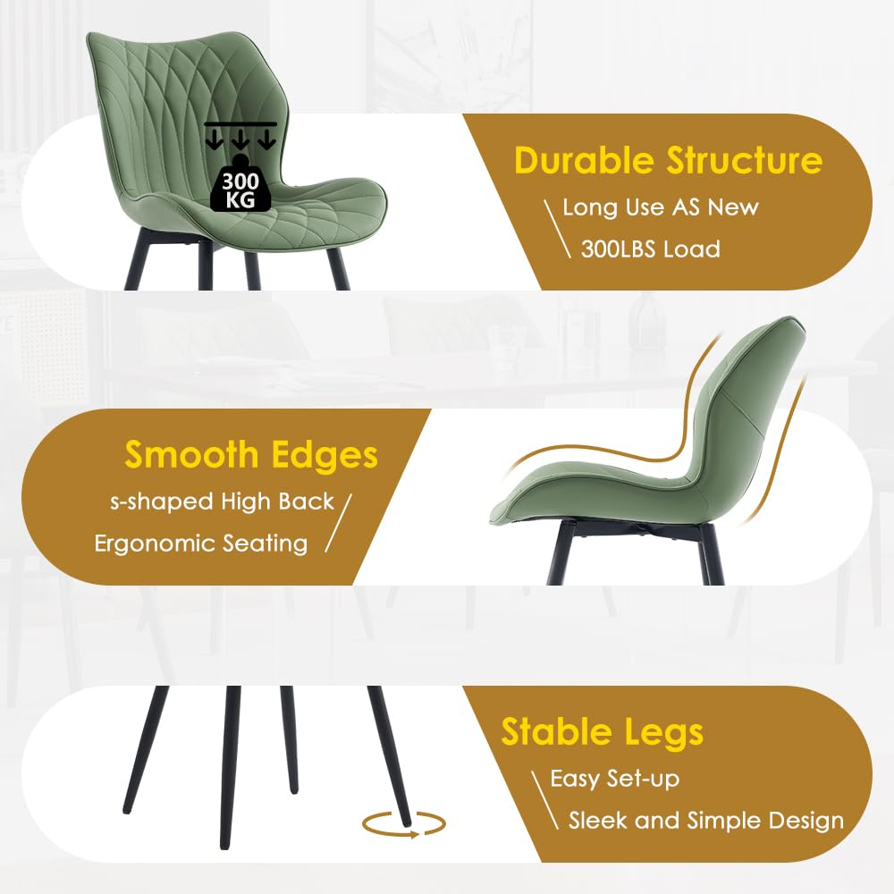 Kidol & Shellder Dining Chairs Set of 2, PU Leather Upholstered Kitchen Chairs with Back Armless, Mid Century Modern Side Chair for Dining Room, Living Room, Lounge, Restaurant, Bean Green