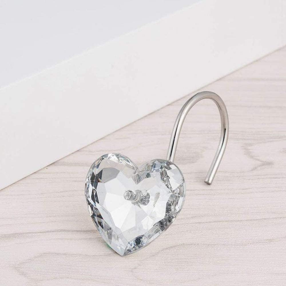 Actpe Decorative Crystal Heart Shape Shower Curtain Hooks, Pack of 12 Rust Resistant Bling Holders