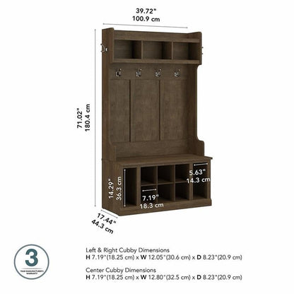 Bush Home Woodland 40W Hall Tree and Shoe Storage Bench with Shelves in Ash Brown, Cubbies and Coat Hooks for Foyer, Mudroom, or Entryway