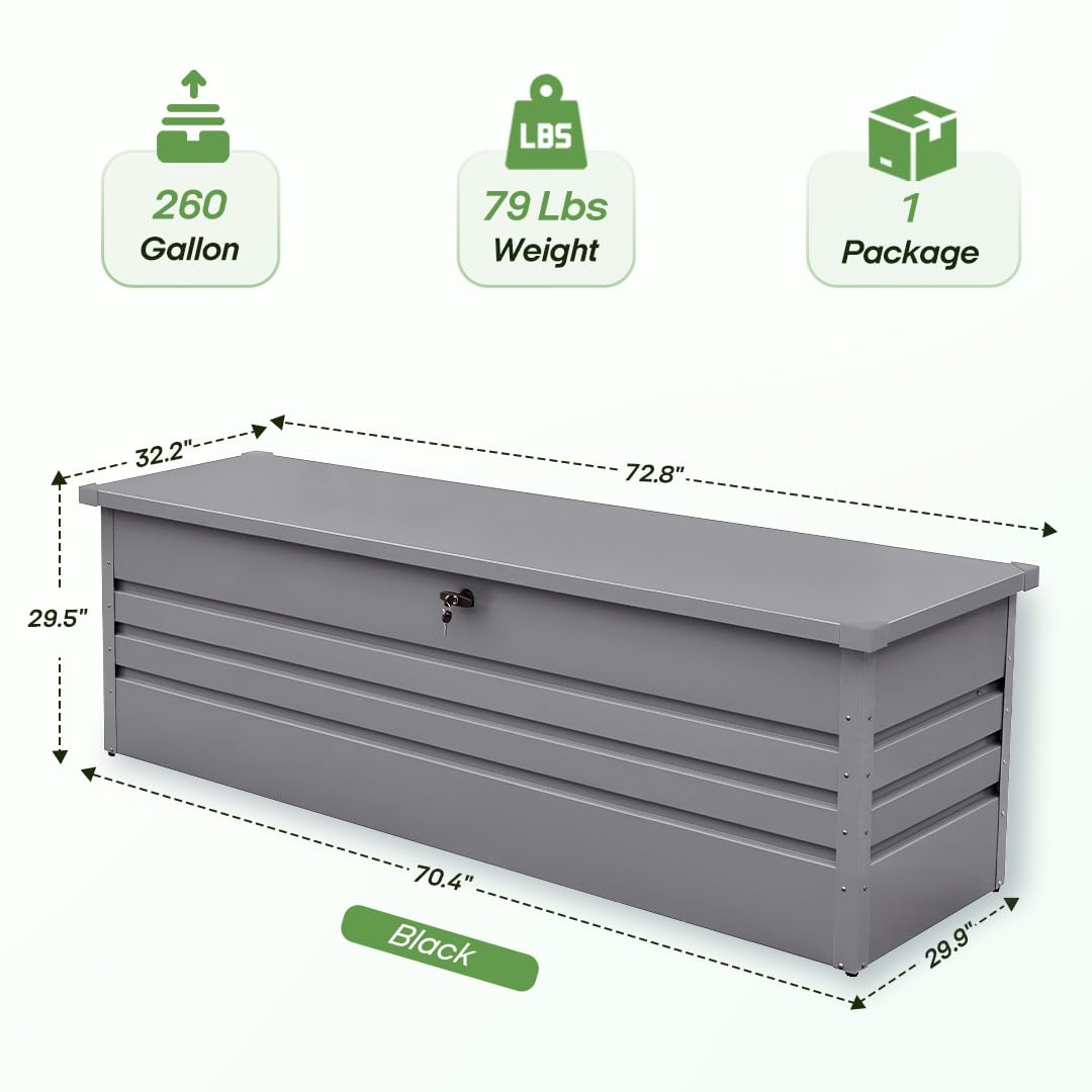 FammyLoft 260 Gallon Waterproof Outdoor Storage Box, Extra Large Outside Metal Deck Storage Box for Patio Cushions, Garden Tools, Pool Supplies, Light Gray