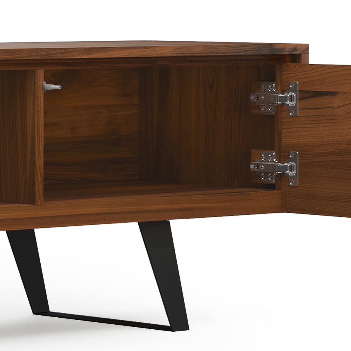 SIMPLIHOME Lowry TV Stand - 72 inch Wide Solid Mango Wood Media Console in Walnut, Modern Industrial Entertainment Center for Living Room for TVs up to 80 Inches with Open Shelf and Cable Management