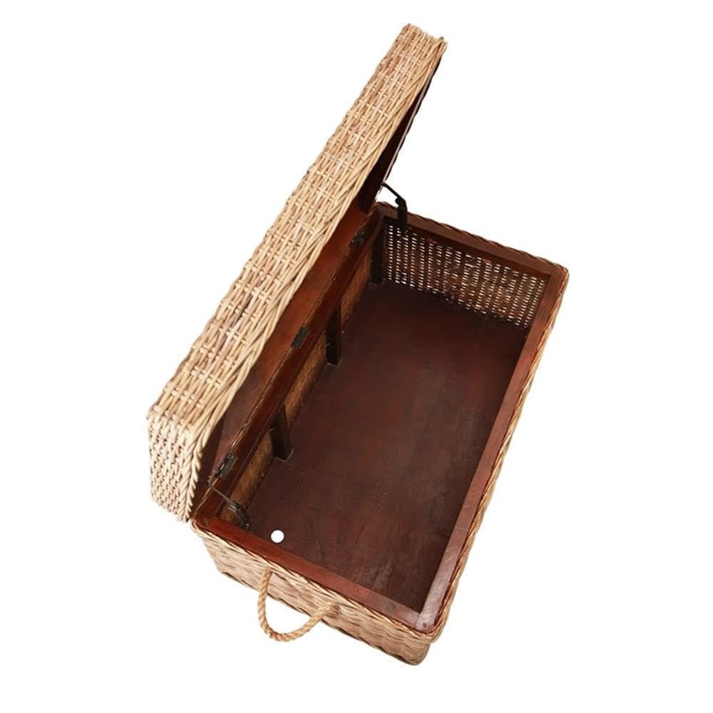 Pemberly Row Modern Kubu Wicker Rattan Storage Trunk, 37 in x 21.25 in x 19 in, Tan Finish, Handmade with Solid Mahogany Frame, Spacious Lift-Top Storage, Versatile Coffee Table for Living Room or