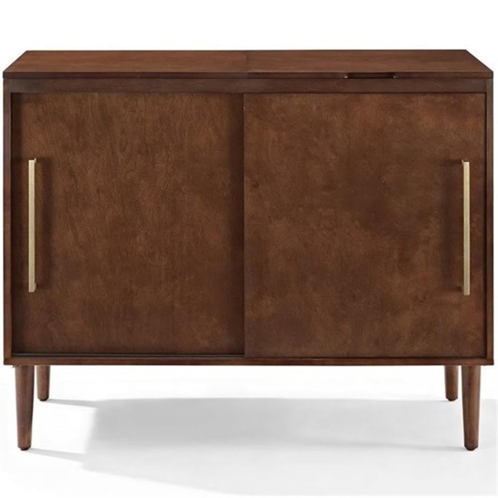 BOWERY HILL Mid-Century Media Console Table, 44 in x 18 in x 34.25 in, MDF/Birch Veneer, Mahogany Finish, Gold Metal Hardware, Hinged Top, Vinyl Record Storage, Sliding Doors, Living Room Turntable