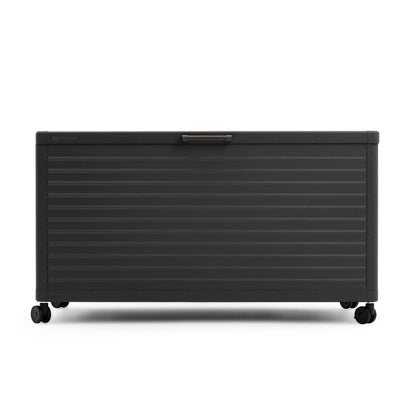 MIRADOR 134 Gallon Outdoor Storage Box with Wheels & Soft-Close Lid, Waterproof Metal Deck Box for Patio Cushions, Garden Tools & Pool Accessories, Charcoal