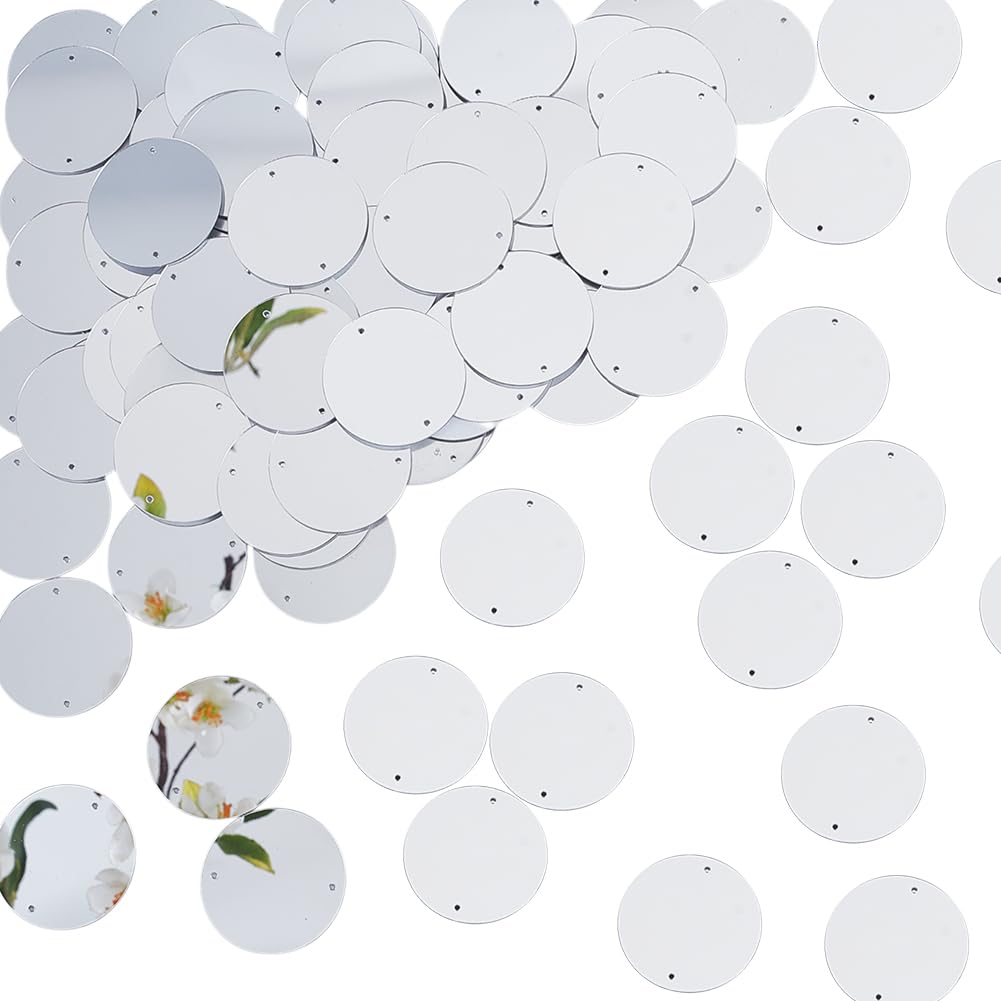 AHANDMAKER 100Pcs Sew on Silver Mirror Rhinestone Acrylic Mirror Tiles Flat Round Decorative Mosaic Tiles Two Hole Links for Garment Accessories Home Decoration Crafts Jewelry Making 39.5x0.7mm