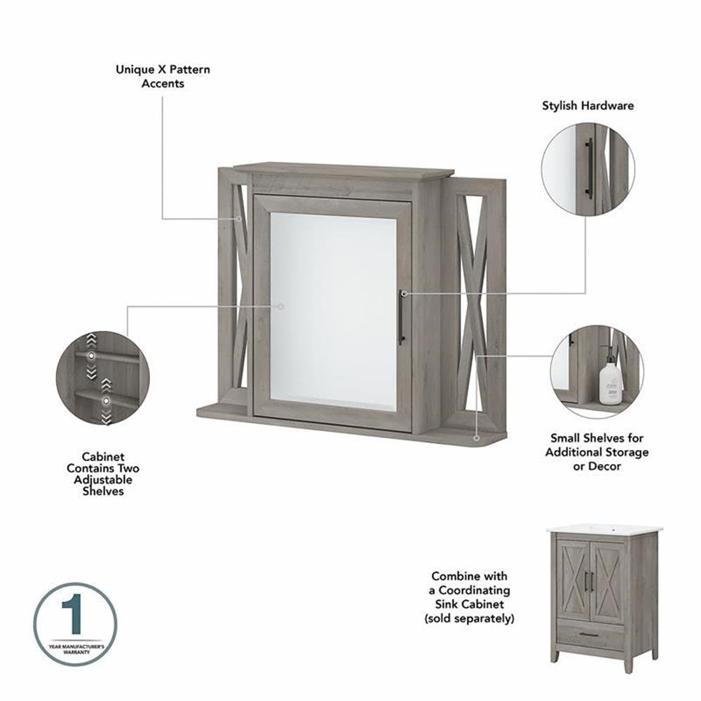 Bush Home Key West 64W Double Vanity Set with Sinks and Medicine Cabinets in Driftwood Gray