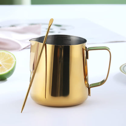 Milk Frothing Pitcher 12oz - 350ml, Kyraton Stainless Steel Espresso Steaming Pitchers with Decorating Pen,Milk Coffee Frother Cups Cappuccino Latte Art Barista Steam Pitchers Milk Jug Cup (Gold)