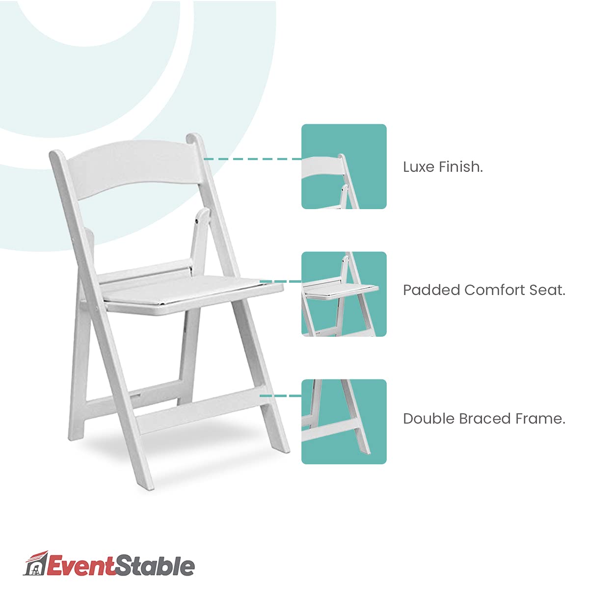 EventStable Titan Series 100 Resin Folding Chairs with 4 Dollies and 4 Straps Bundle - White Indoor/Outdoor Lightweight Folding Chair - Padded Folding Chair for Weddings Parties Events