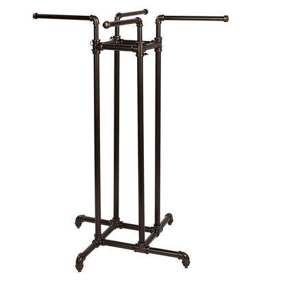 SSWBasics Heavy Duty Adjustable Pipe 4-Way Clothing Display Rack - Retail Clothing Rack with Straight Arms - Durable and Sturdy Clothing Display Stand for Garments - Sleek Space Saving Design for