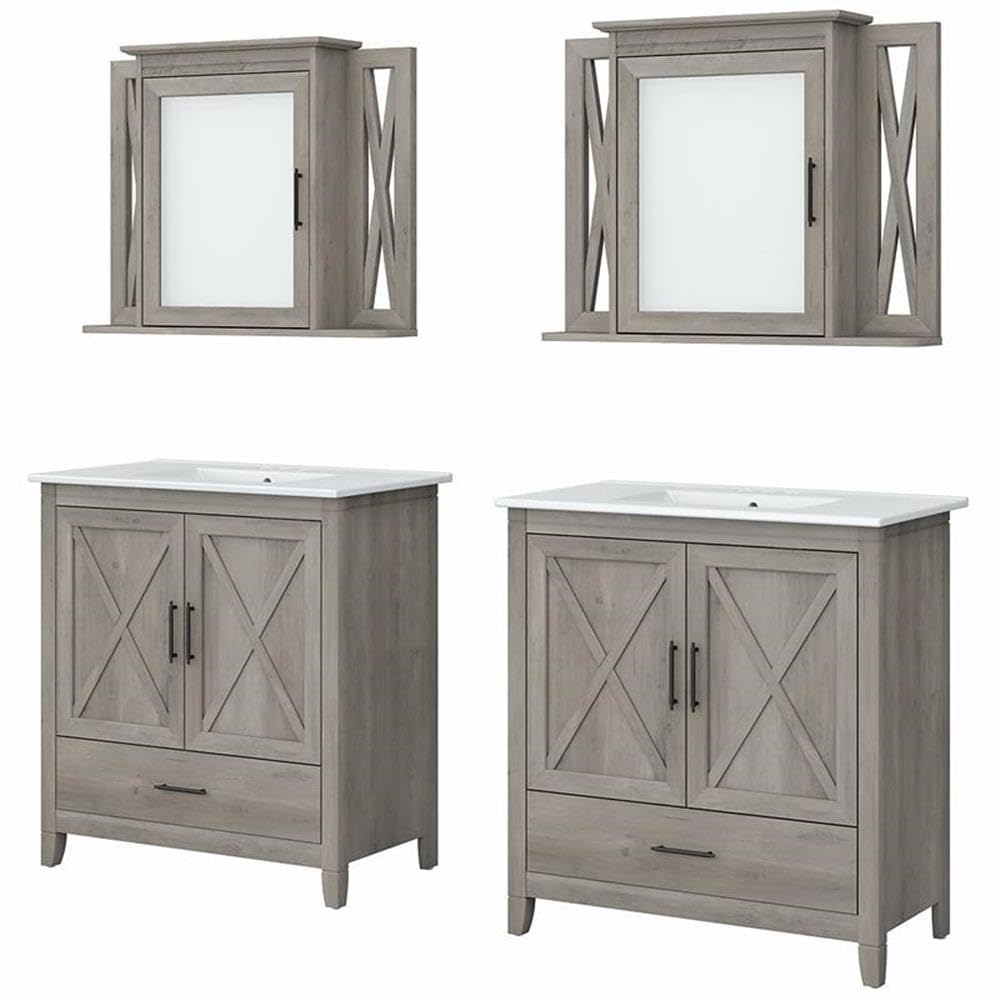 Bush Home Key West 64W Double Vanity Set with Sinks and Medicine Cabinets in Driftwood Gray