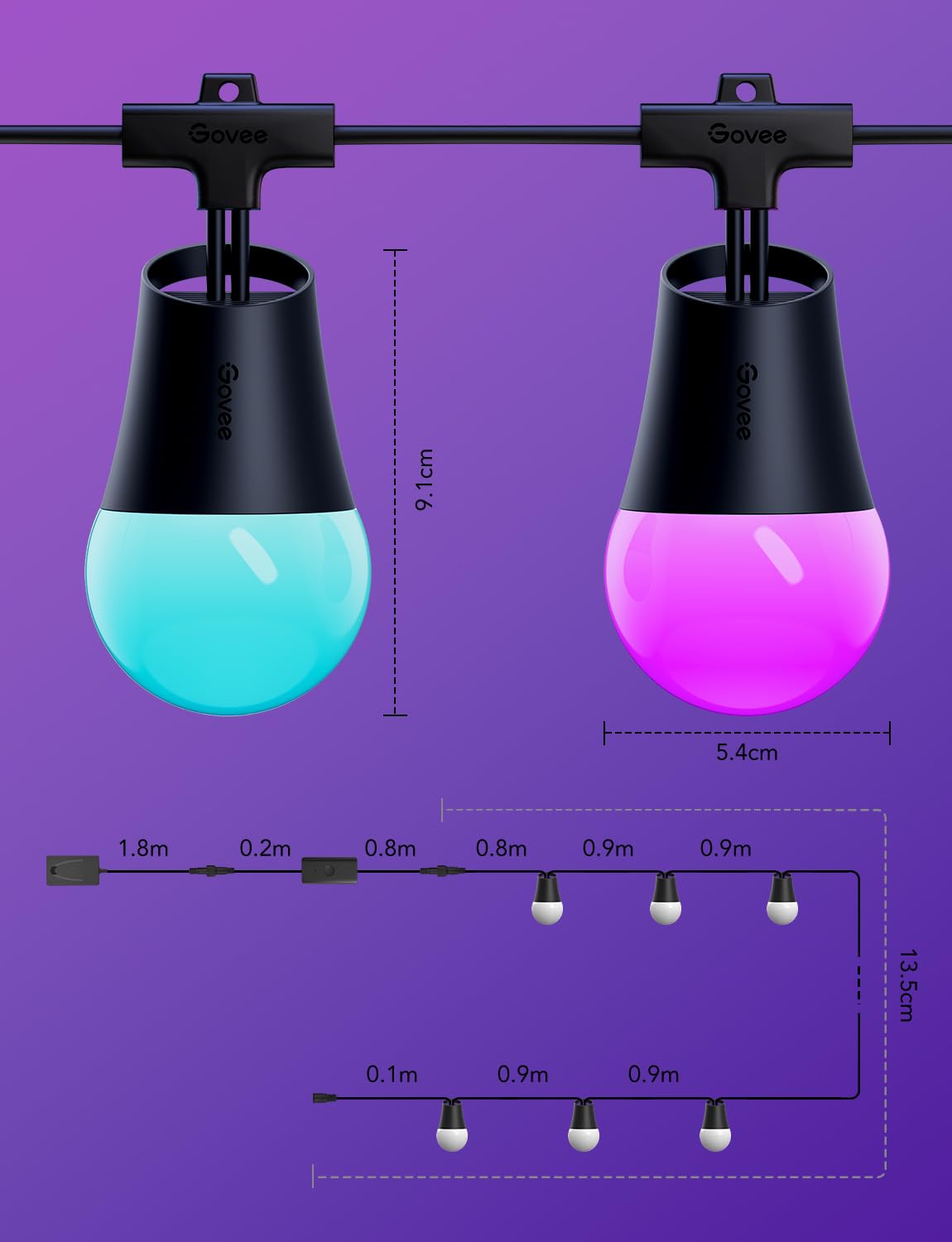 Govee Smart Outdoor String Lights 2, 144ft Outdoor Lights with Dimmable Warm White LED Bulbs, 47 Scene Modes for Patio, Backyard, Balcony, IP65 Waterproof, Works with Alexa, App Control