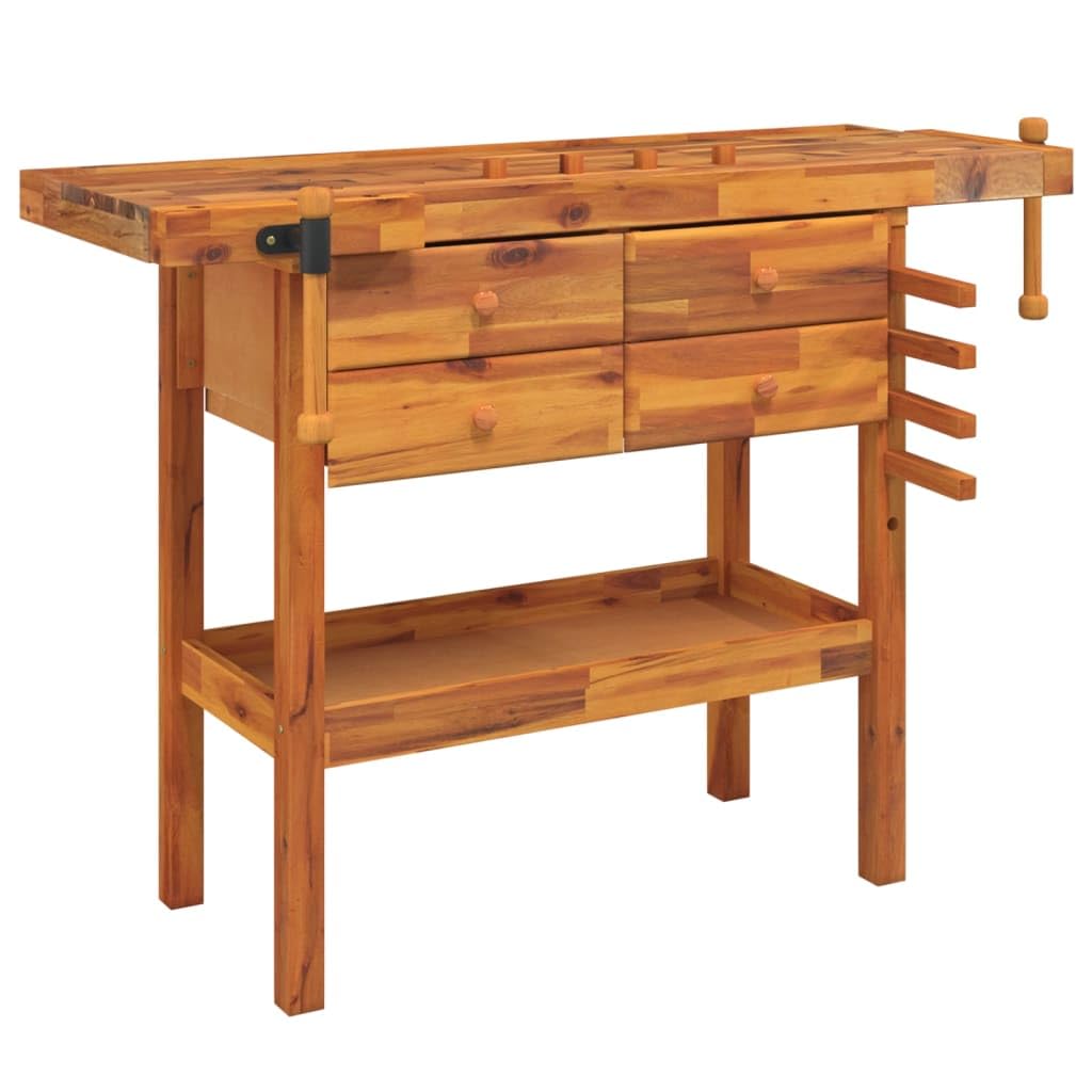 Sturdy Garage Workbench with 4 Drawers and Vices, Solid Acacia Wood Workbench 48.8x20.5x32.7 Inch for Workshop and Shed