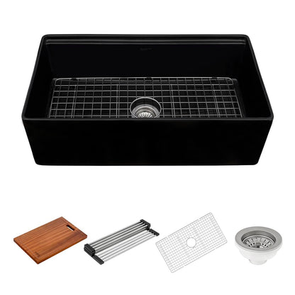 Ruvati 33 inch Fireclay Workstation Black Farmhouse Kitchen Sink Apron Front Single Bowl – RVL2387BK