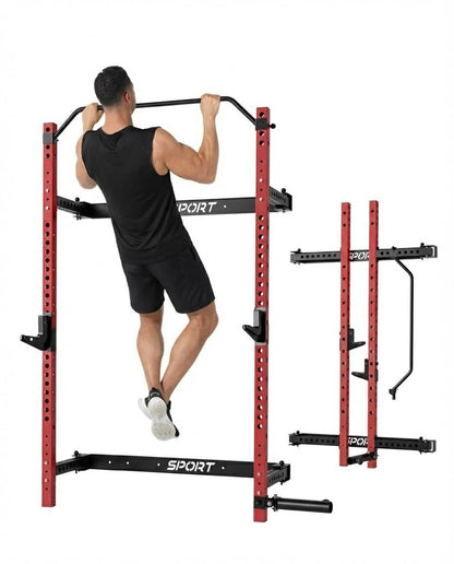 Folding Squat Rack for Home Gym – 1000 LBS Capacity Wall Mounted Power Rack with Pull-Up Bar, j-Hooks & Landmine | 2.36" x 2.36" Heavy-Duty Steel, Space-Saving Foldable Squat Cage for Home Garage