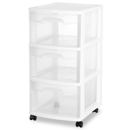 Sterilite 8 Pack Plastic Storage Organizer, 3 Drawer Rolling Bin Cart, Closet Organization, White