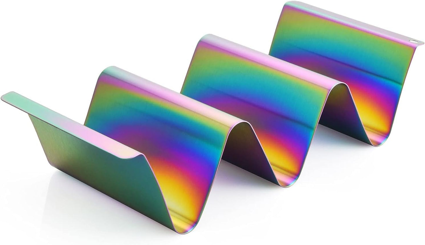 ARTTHOME. Taco Holder Set of 4 Titanium Plated – Taco Stand for 3 Tacos, Soft Taco Shell Holder, Vibrant Tray for Tacos, Burritos, Nachos & Fajitas – Sturdy & Stylish Design (AT-2021419-TH-2)