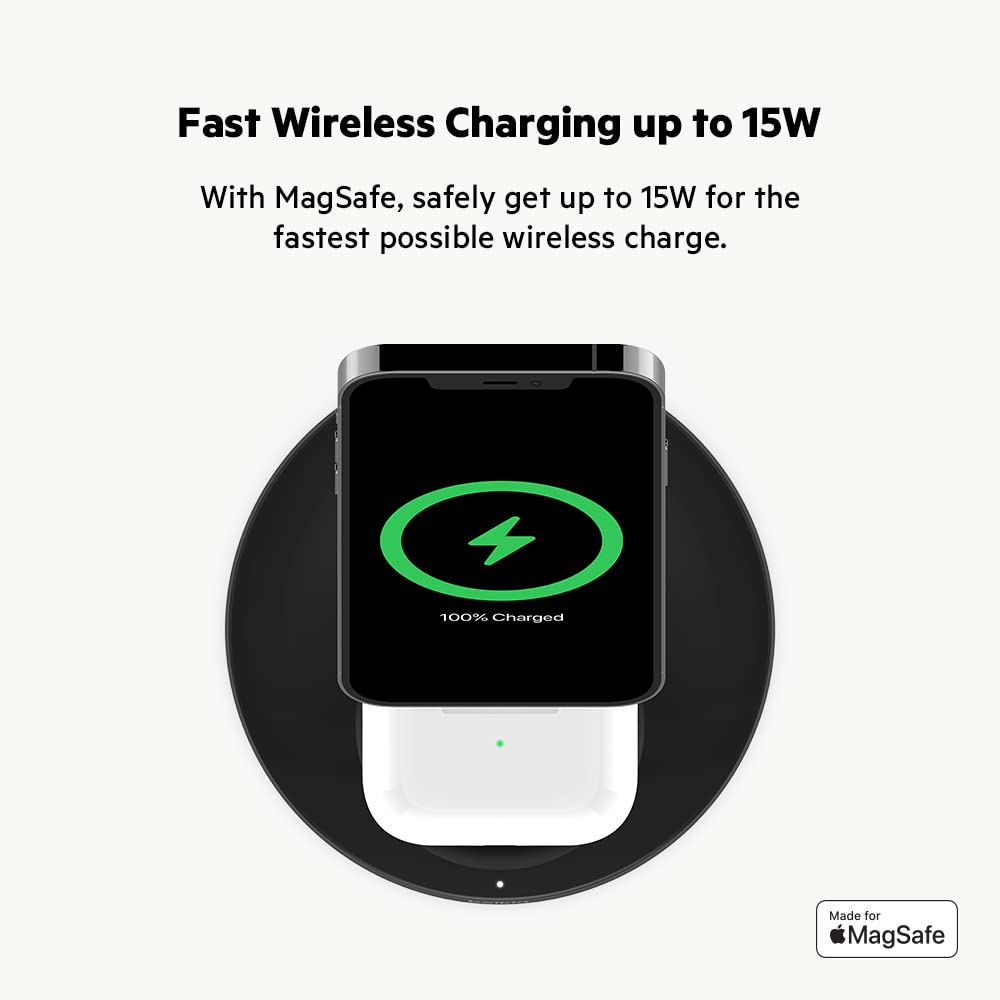 Belkin 2-in-1 MagSafe Wireless Charging Dock 15W Fast Charge iPhone Charger Compatible with iPhone 17, 16, 15, and 14 Series, AirPods, Pixel 10, and Other MagSafe Enabled Devices, PSU Included - Black
