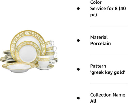 HOMEHUT 120-Pieces Vintage Gold Dinnerware and 18/10 Premium Stainless Steel Silverware Flatware Set - Greek Key Gold HQ Fine China Tableware Service for 12 People