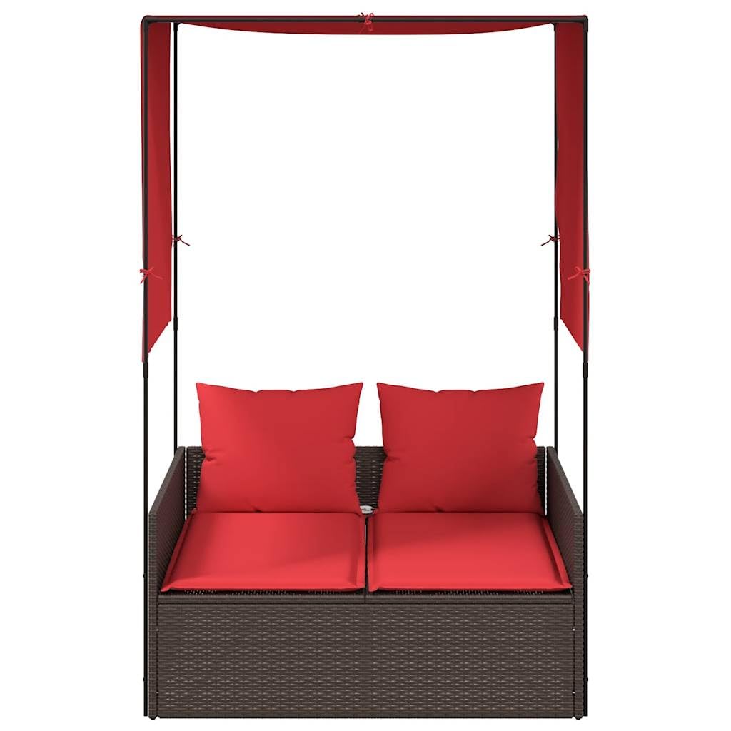 KNERPWD Double Sun Lounger with Cushions for Patio, Brown Red Outdoor Lounger for Two, Metal Frame and Synthetic Rattan Sunbed for Garden or Pool