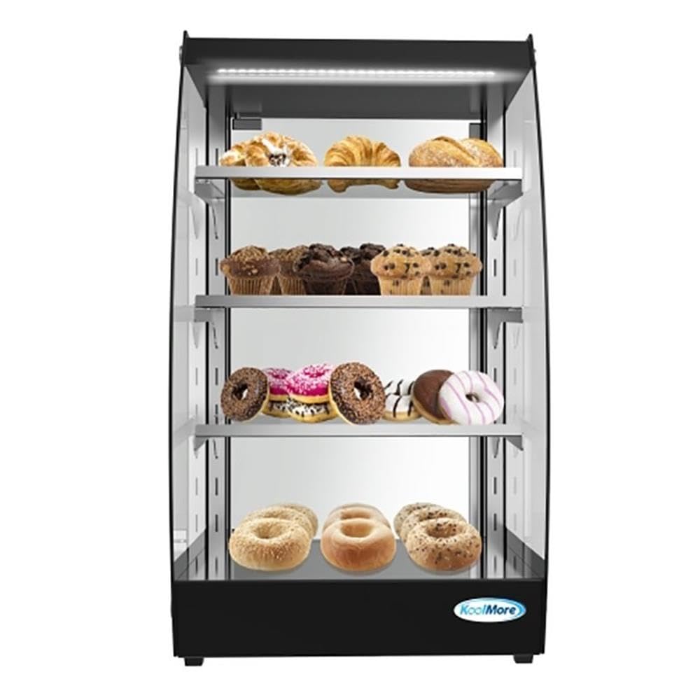 Pemberly Row 4-Tier LED Bakery Display Case, Glass/Stainless Steel, Black Finish, 28.2 in H x 15.1 in W x 15.8 in D, Adjustable Shelves, Self-Service Pastry Case for Cupcakes, Cookies, Cakes